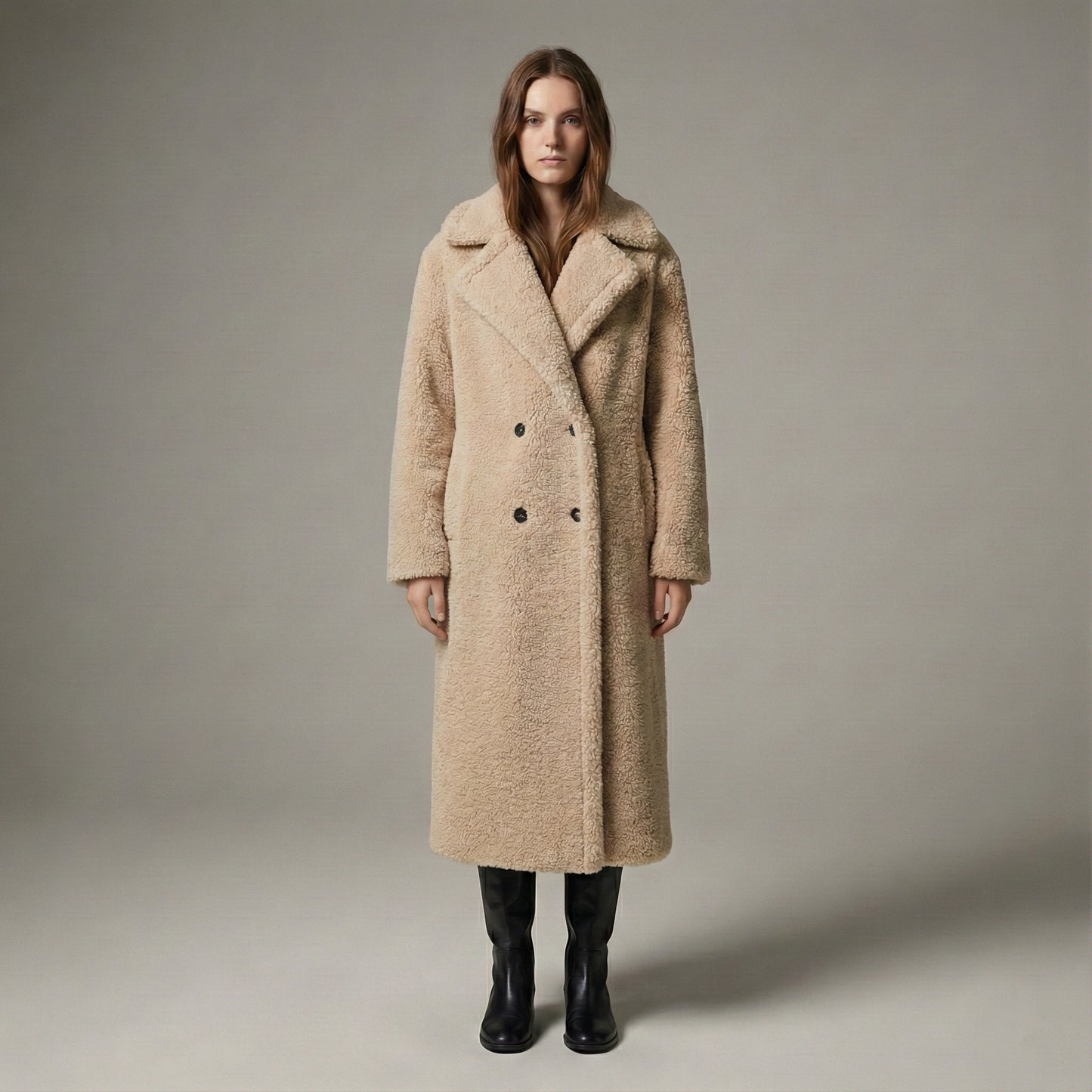 Woman wearing a beige coat against a plain background