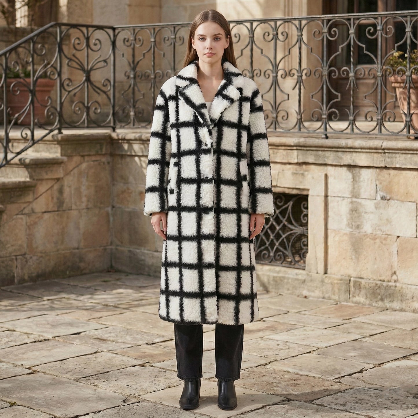 Woman wearing a checkered coat standing on a stone pavement with decorative railing in the background.