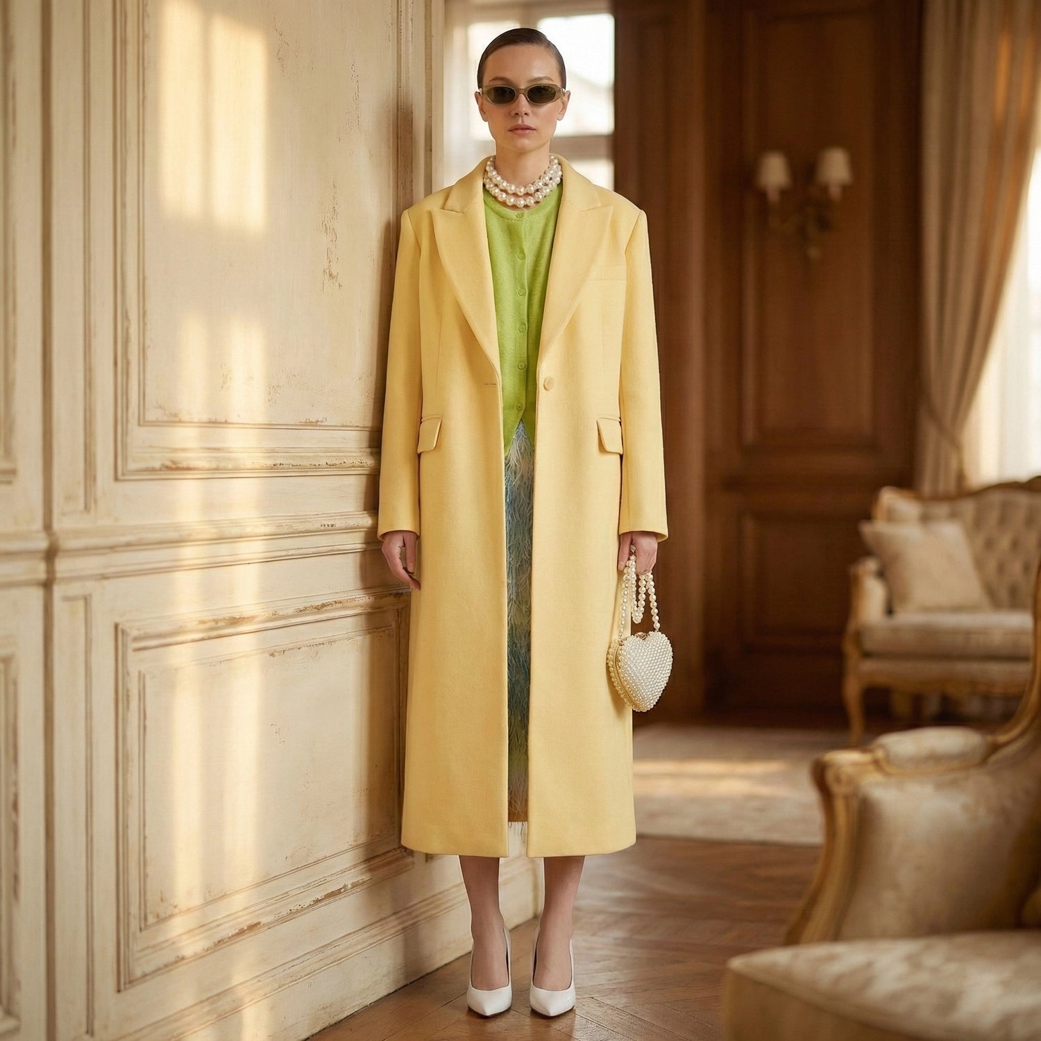Woman in a yellow coat standing in an elegant room with wooden paneling and a couch.
