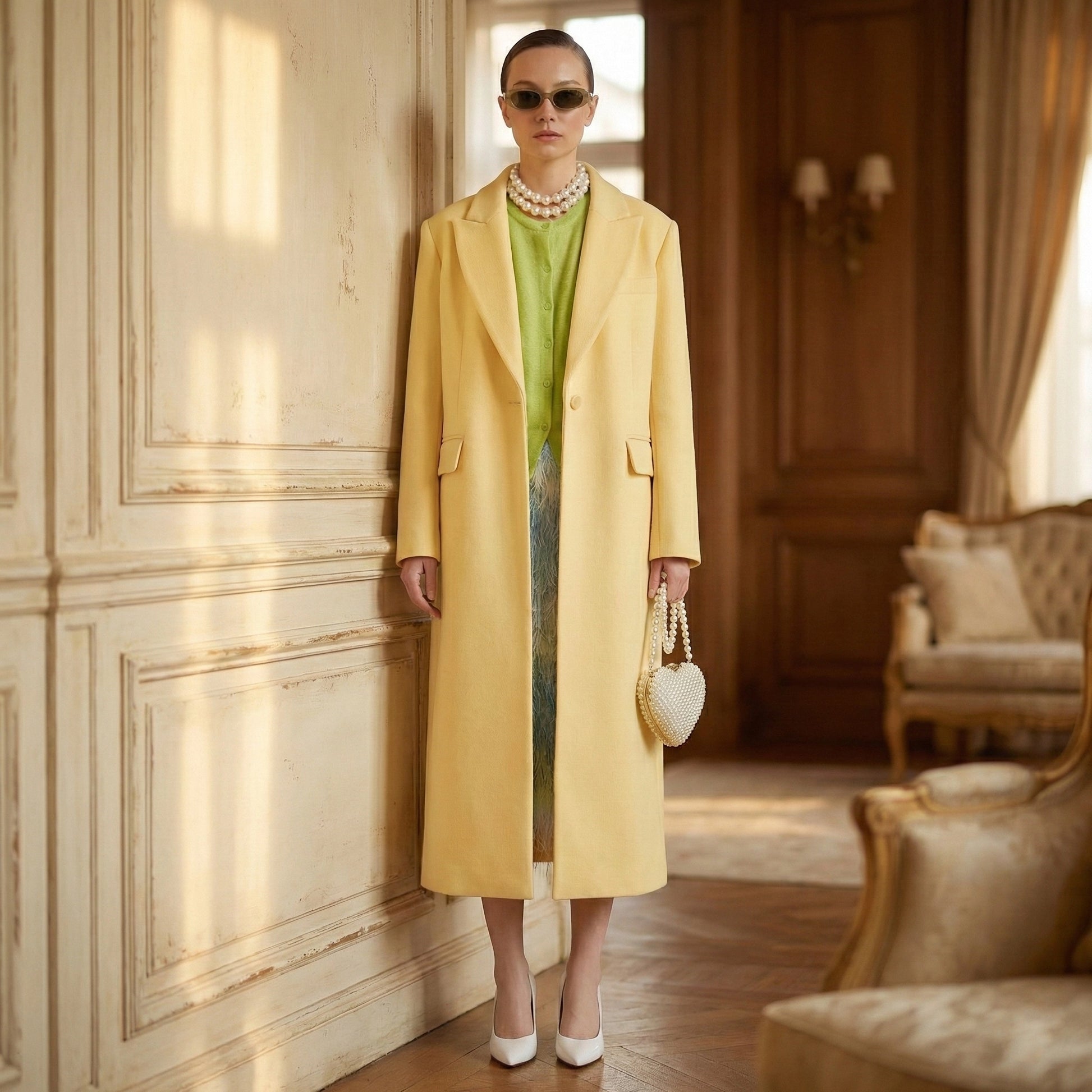 Woman in a yellow coat standing in an elegant room with wooden paneling and a couch.