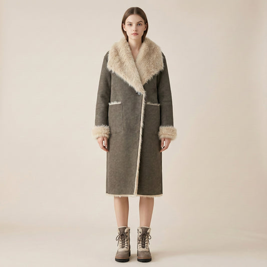 Woman wearing a long coat with fur trim on a beige background