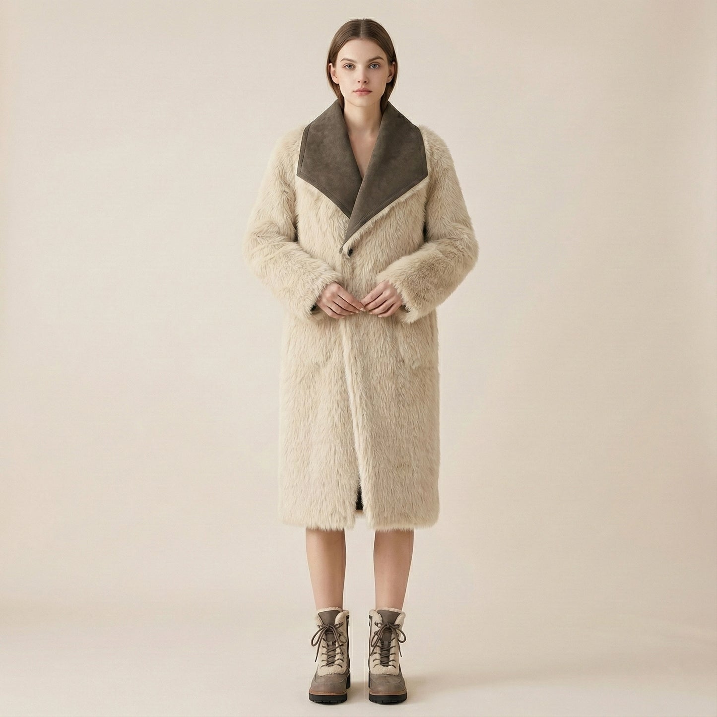 Woman wearing a long, light-colored coat with a dark collar against a plain background