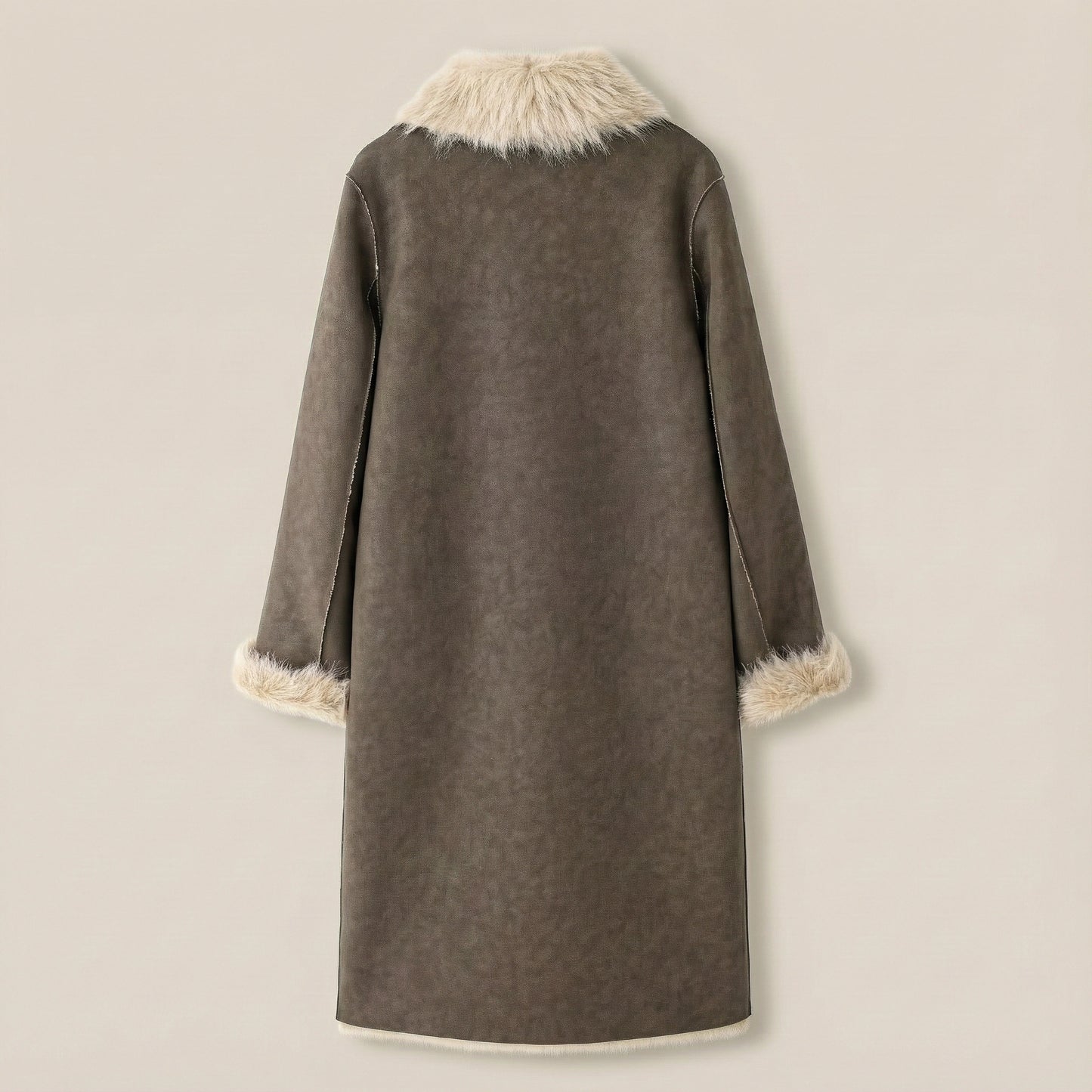 Gray coat with fur trim on a beige background
