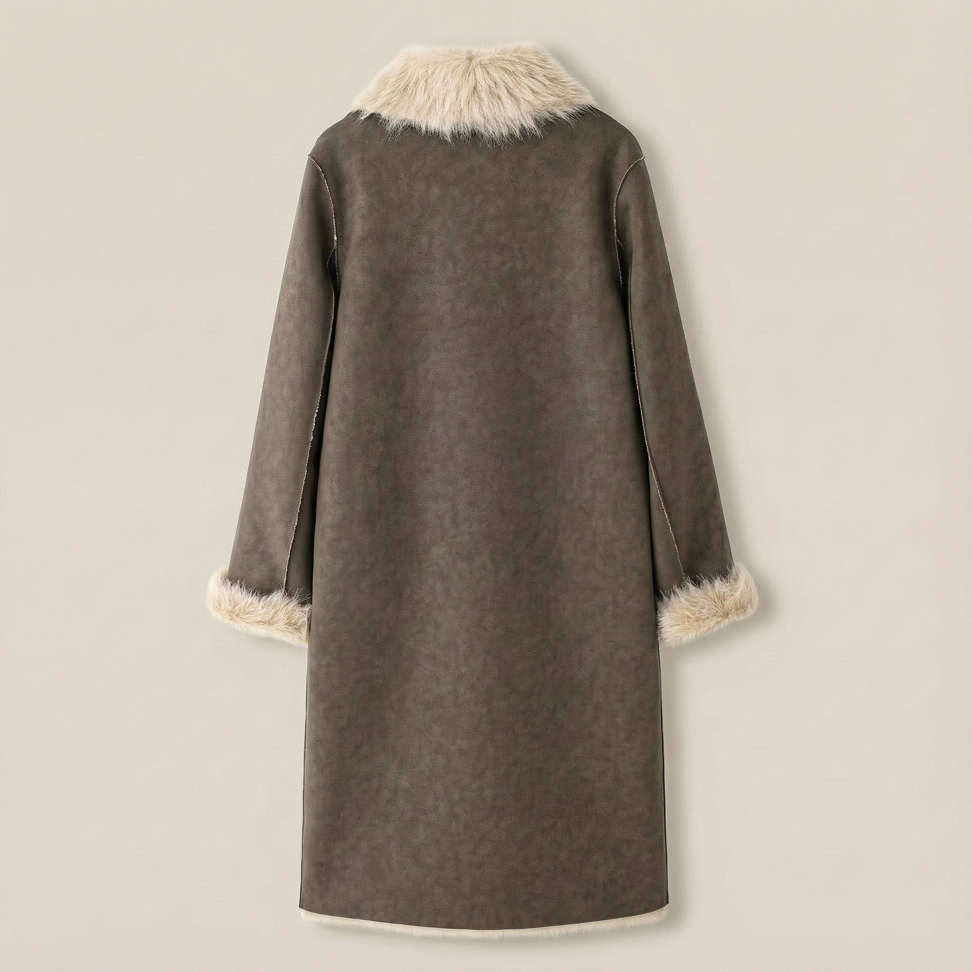 Gray coat with fur trim on a beige background