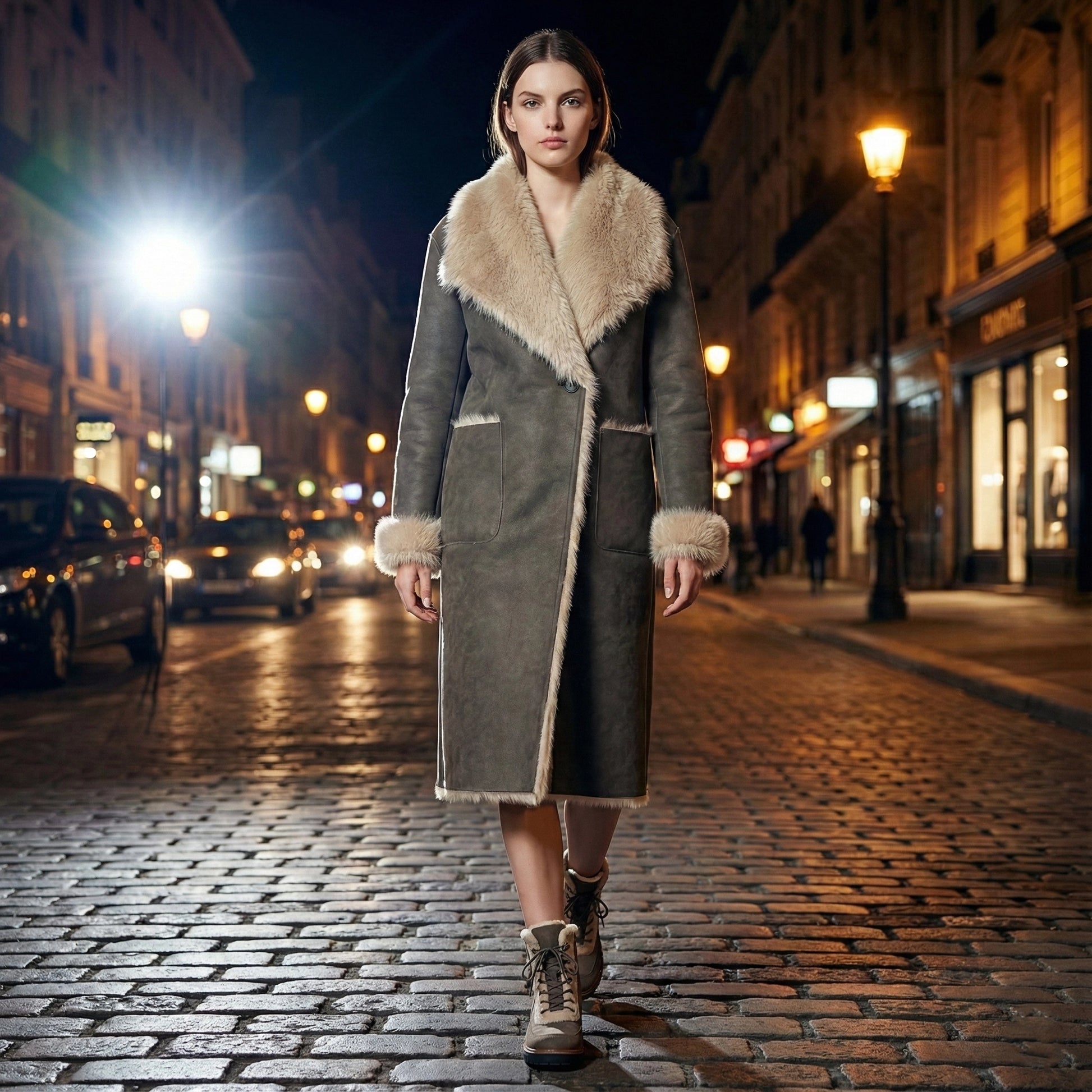 Woman in a long coat with fur trim walking on a city street at night.