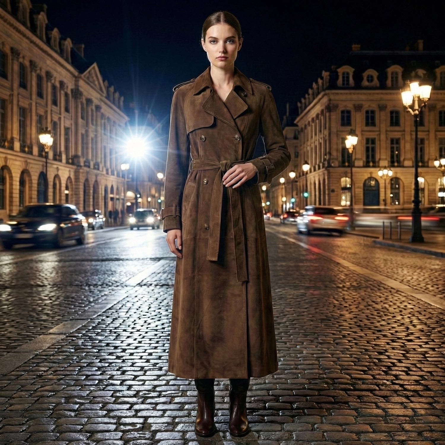 Woman in a brown trench coat standing on a cobbled street at night.