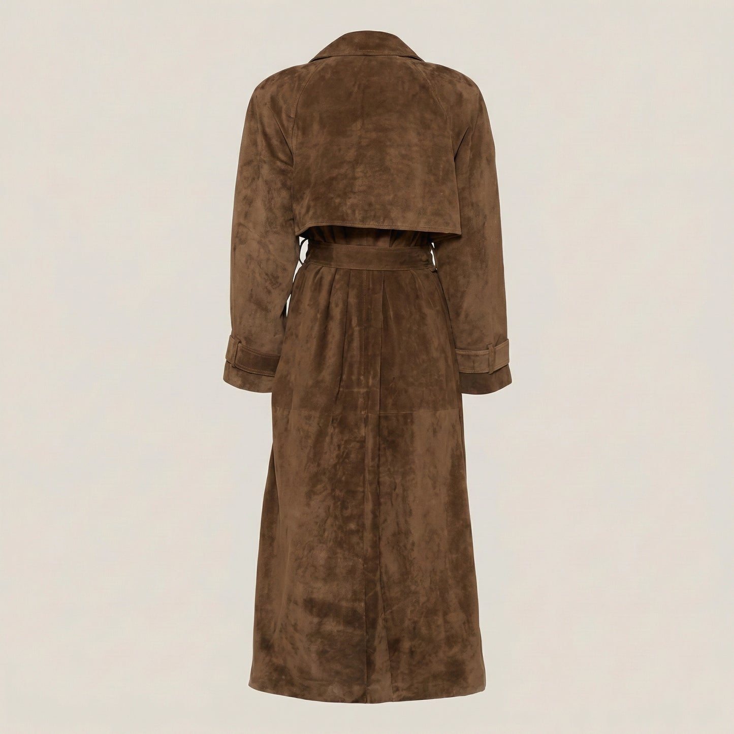 Brown suede trench coat on a beige background