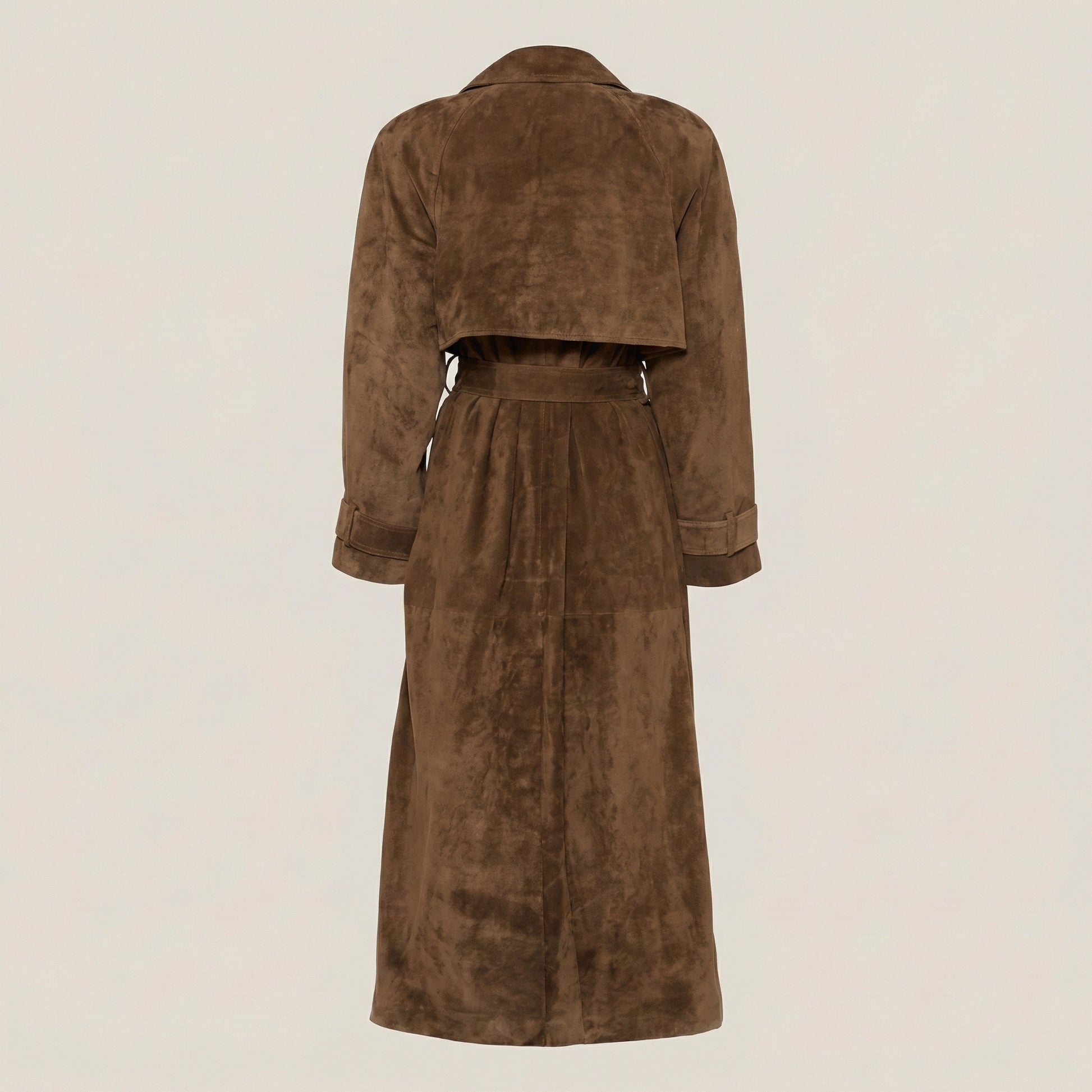 Brown suede trench coat on a beige background