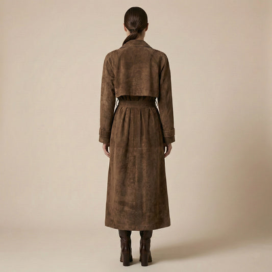 Woman wearing a long brown coat against a beige background