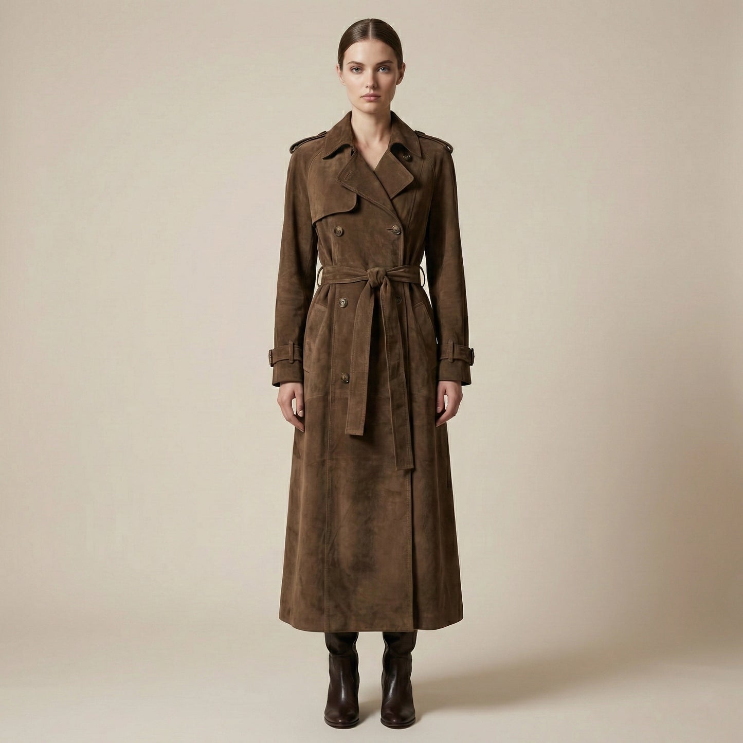 Woman wearing a brown trench coat on a beige background