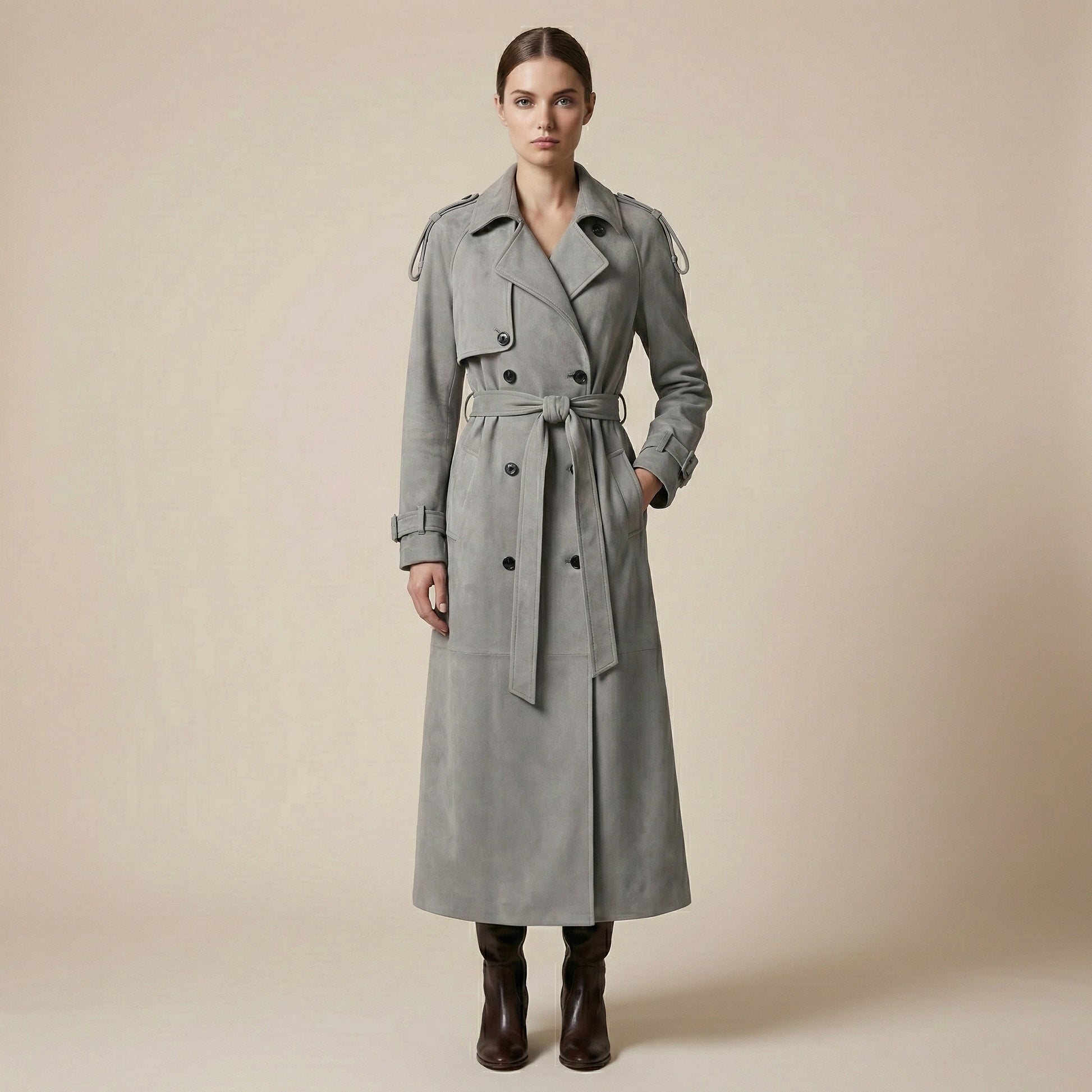 Woman wearing a gray trench coat on a beige background
