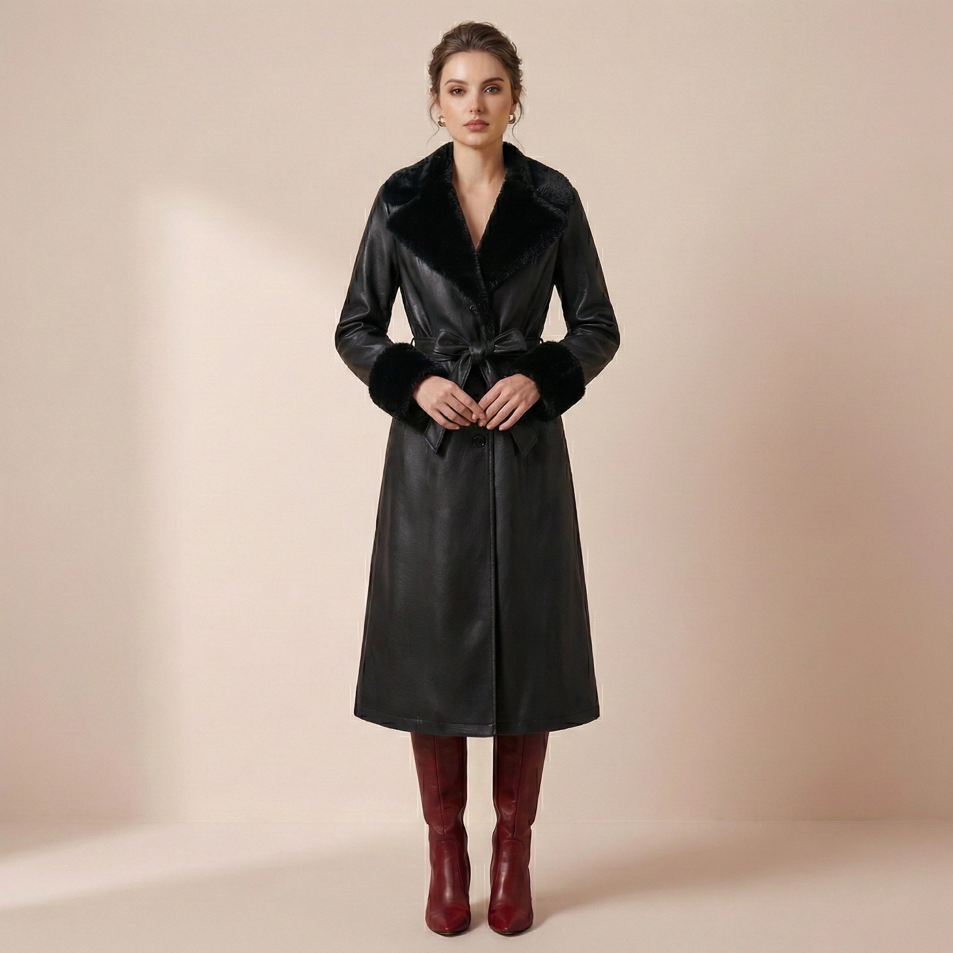 Woman wearing a black coat and red boots on a beige background