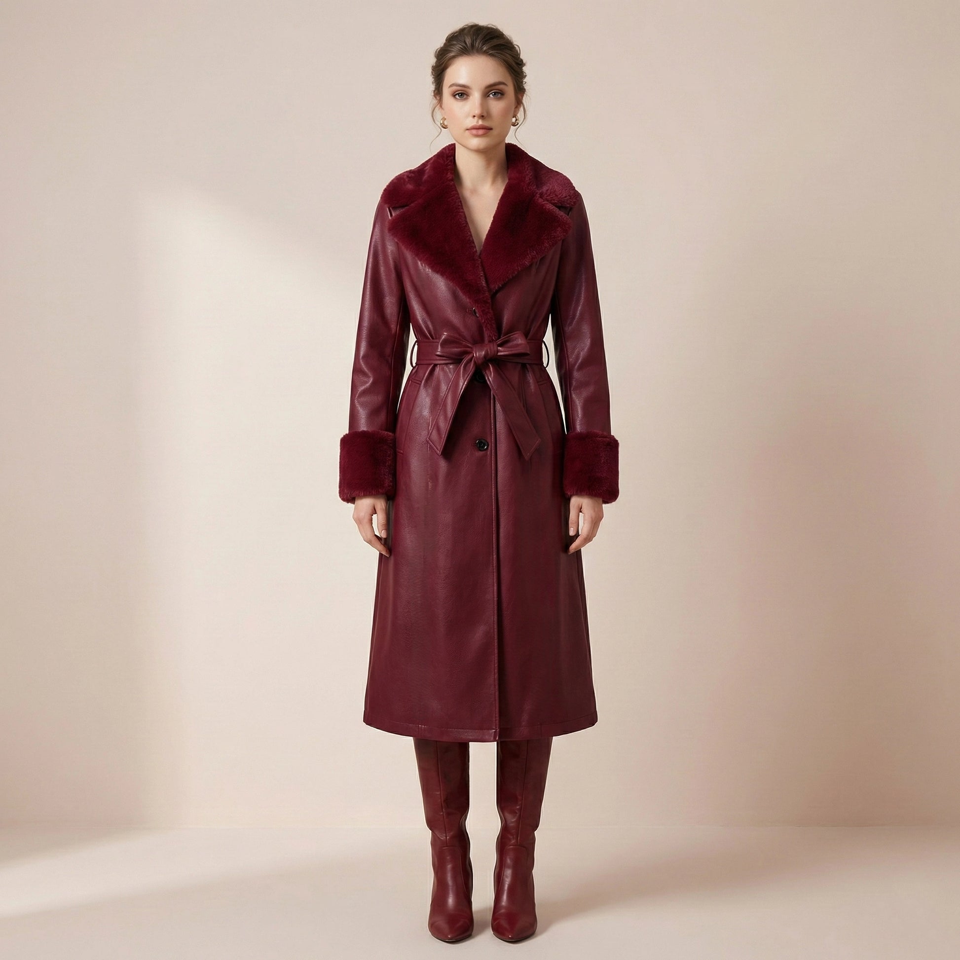 Woman wearing a burgundy coat with fur trim on a beige background