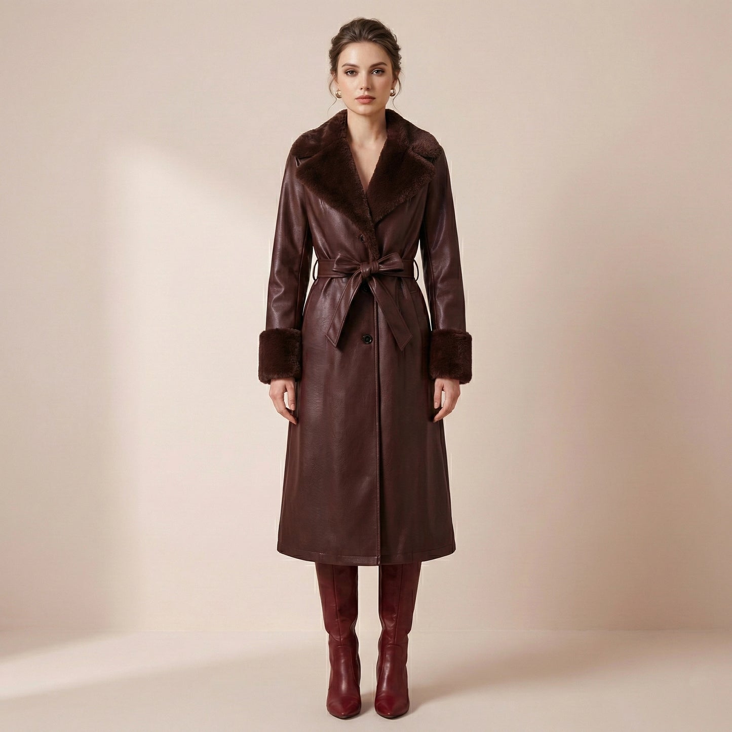 Woman wearing a brown leather coat with fur trim on a beige background