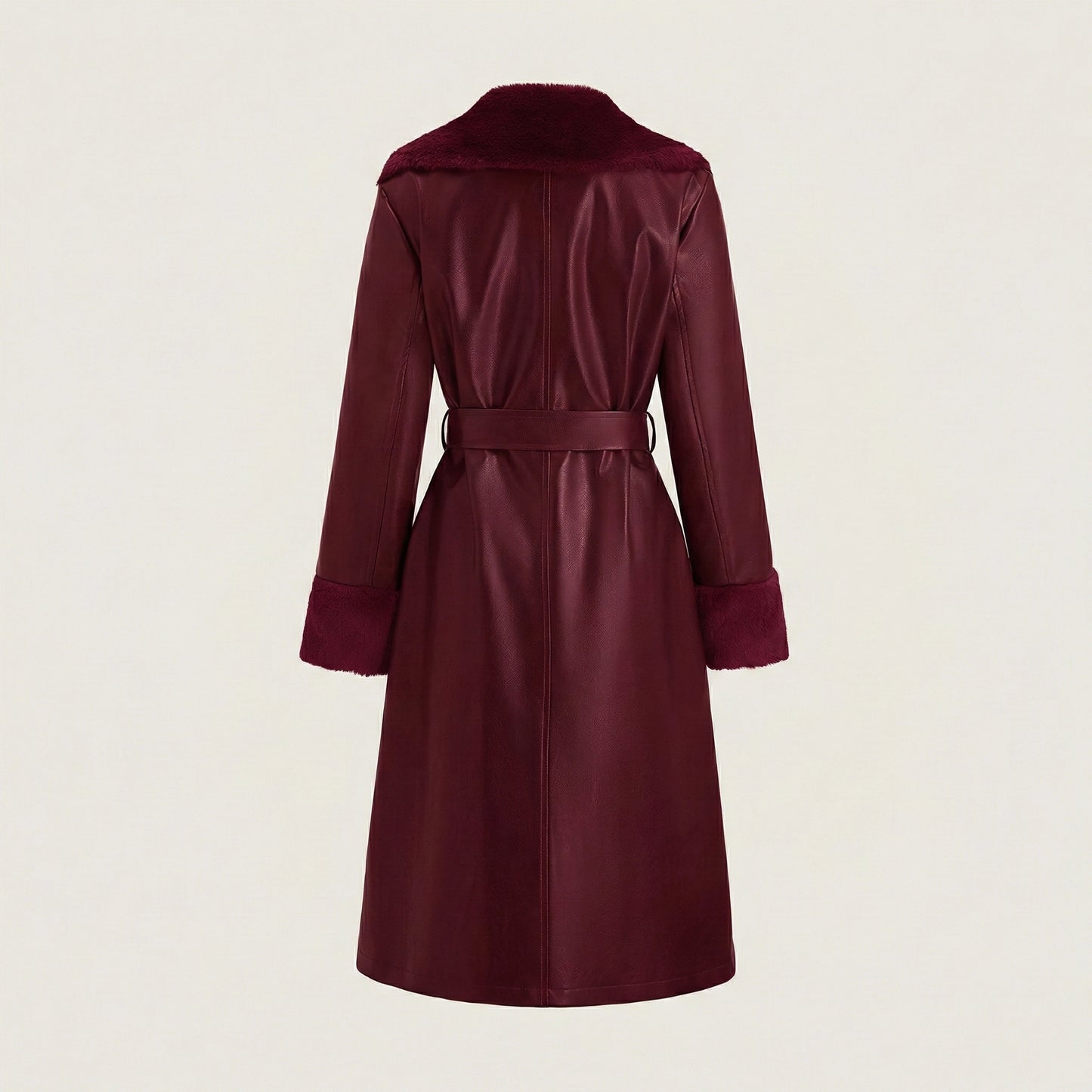 Maroon trench coat on a beige background