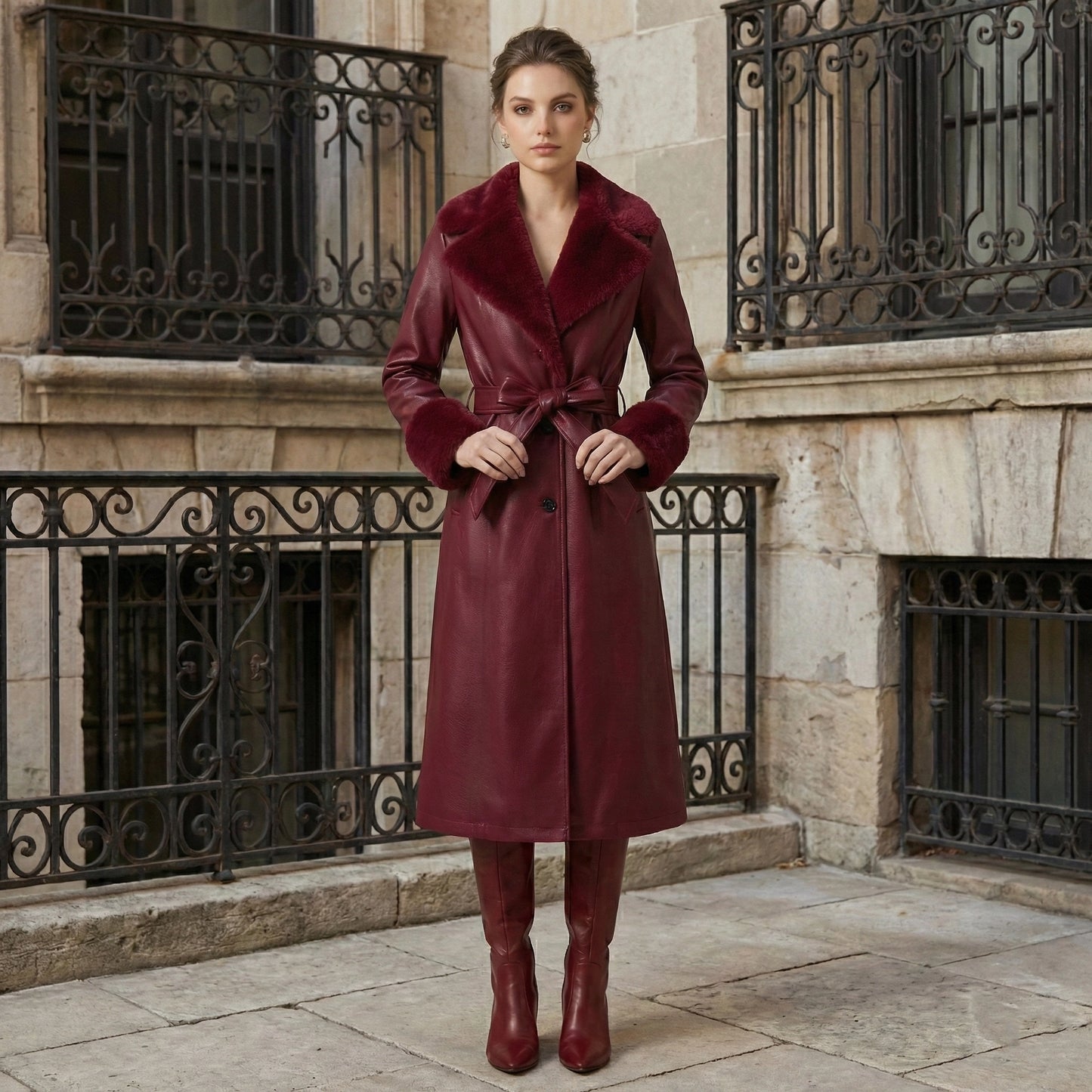 Woman wearing a burgundy coat and boots standing in front of an old stone building with iron railings.