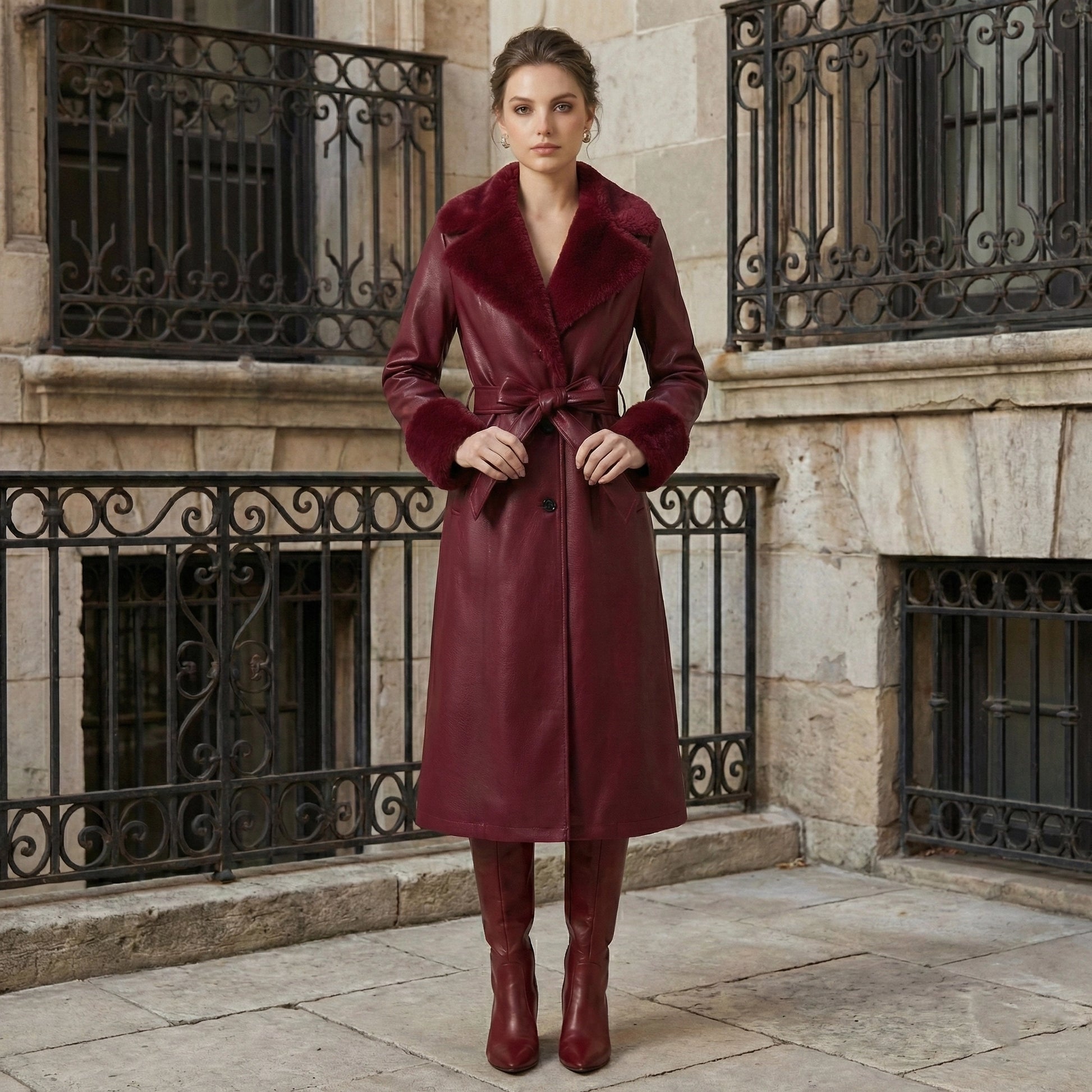 Woman wearing a burgundy coat and boots standing in front of an old stone building with iron railings.