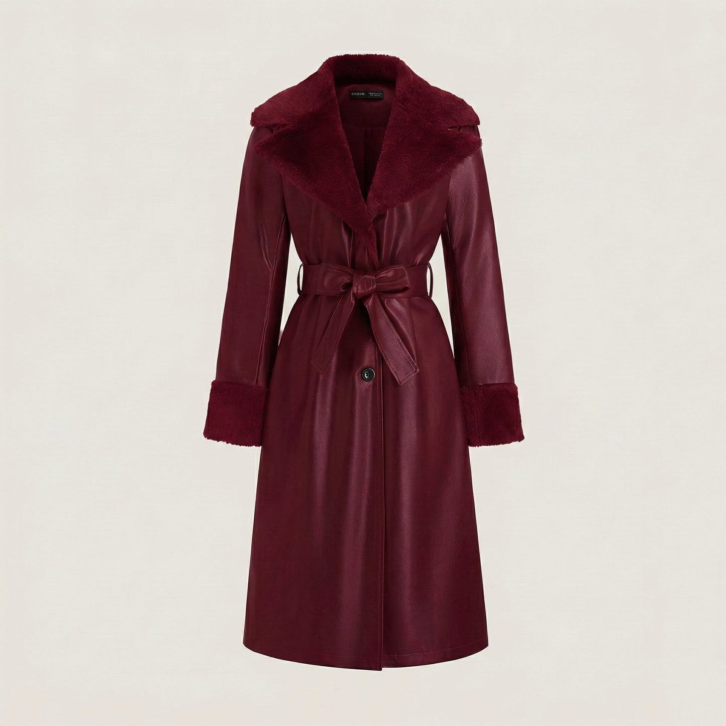 Maroon coat with a belt on a light beige background