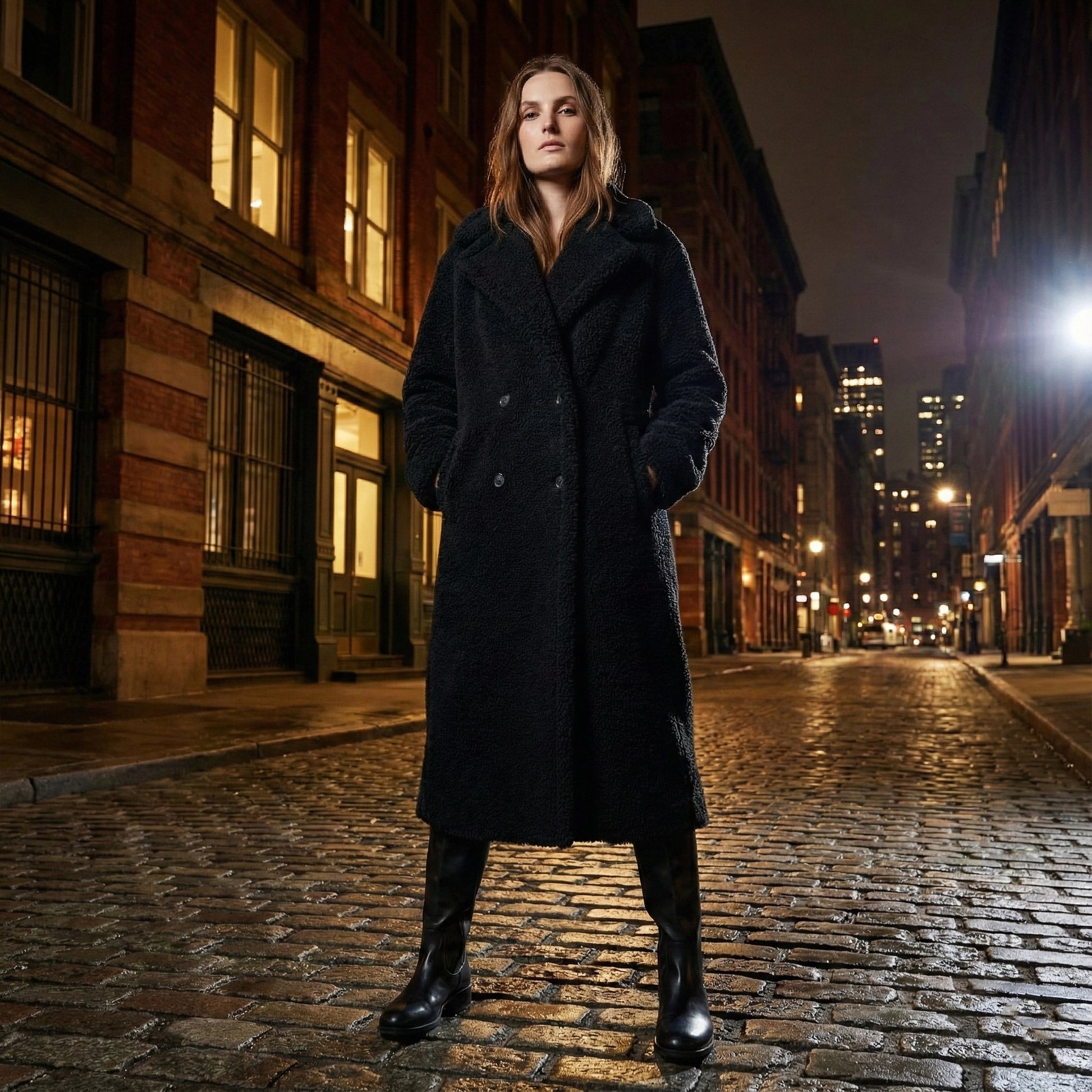 Woman in a long black coat standing on a city street at night.