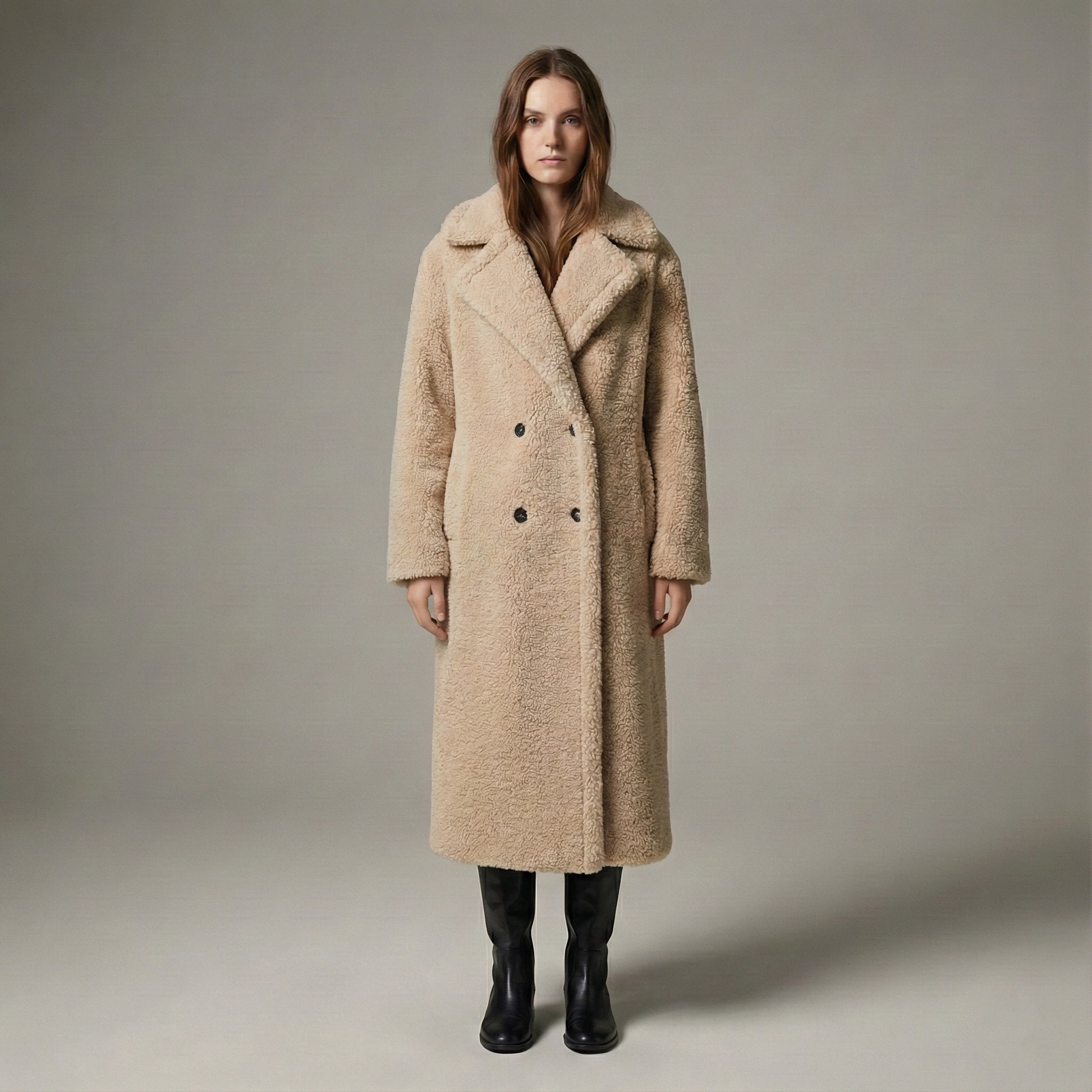 Woman wearing a beige coat against a plain background