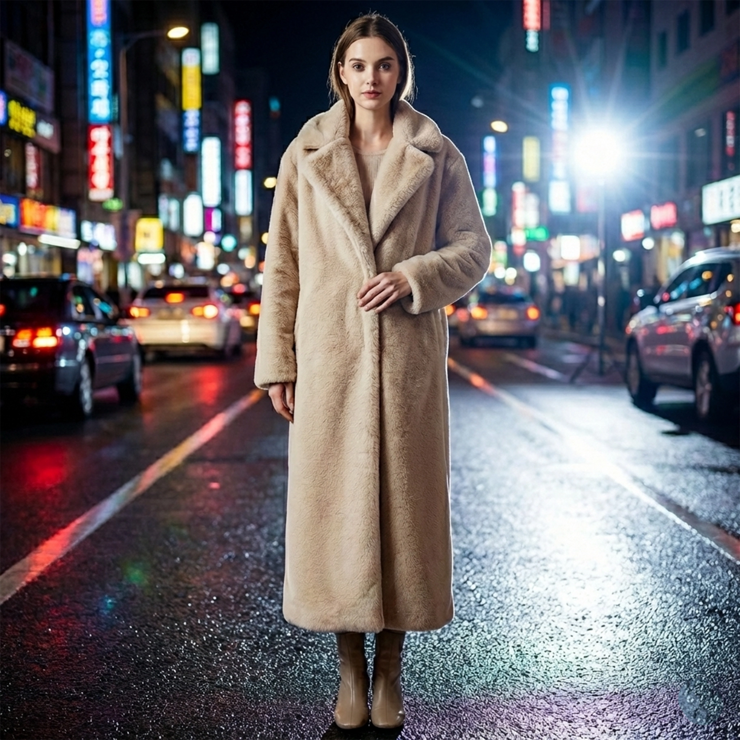 Woman in a long beige coat standing on a city street at night with neon lights.