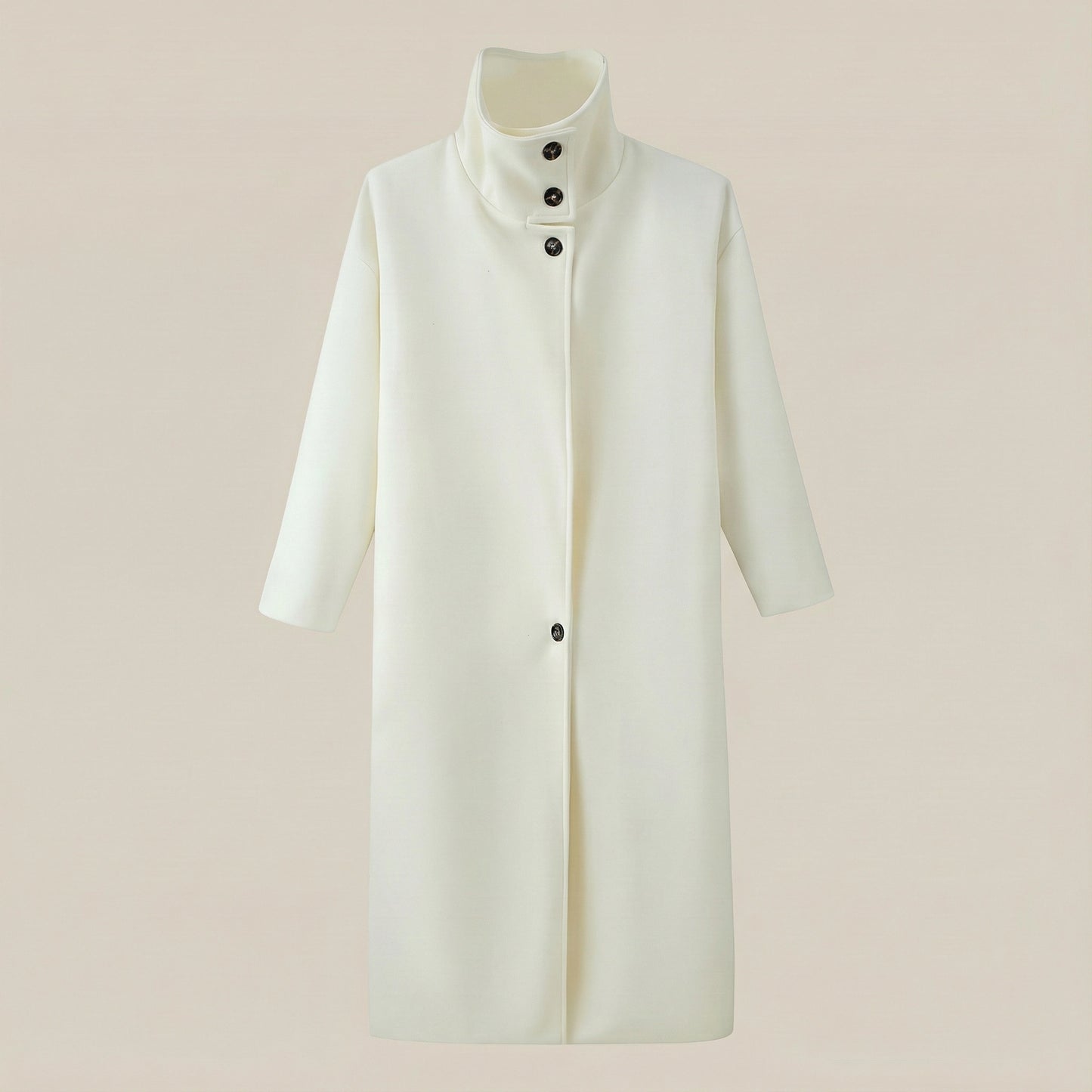 White coat with black buttons on a light pink background